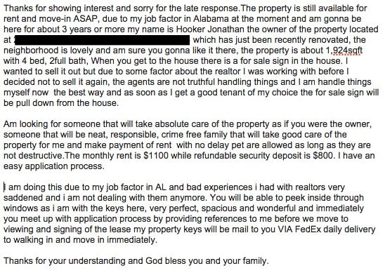 This picture consists of two Craigslist scam emails I received placed into one document so that you could see the full online scam that I was sent.