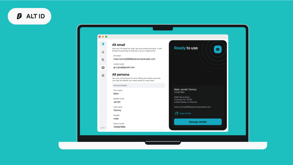 - Alternative ID: This tool gives you a new identity to use online. It includes a fake name, email address, and other details, so you don’t have to share your real information. This is great for signing up for websites or newsletters without worrying about spam or data breaches.
