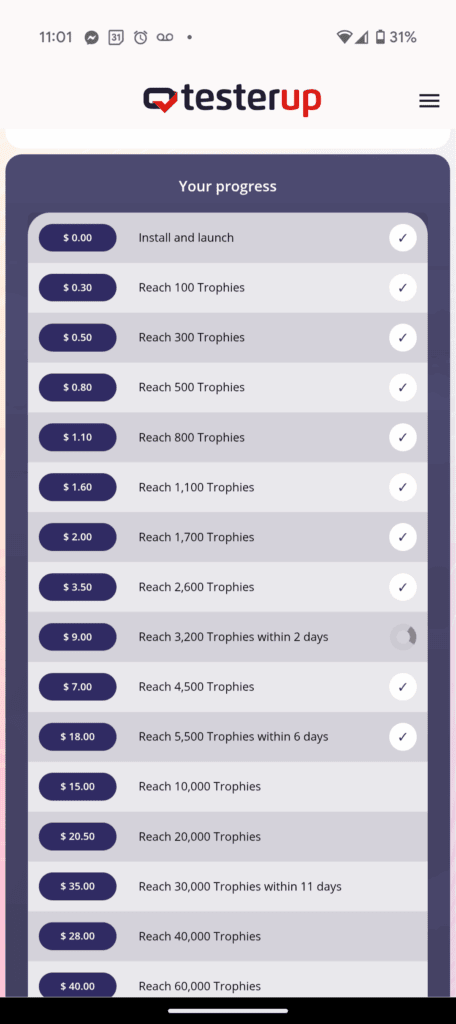 Testerup progress screenshot